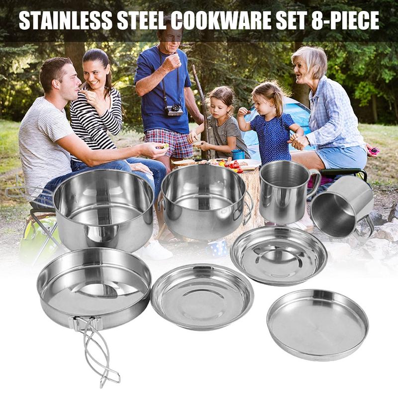 8pcs/set Stainless Steel Outdo - Camping Cooking Pot Stainless Steel ulasan dan harga